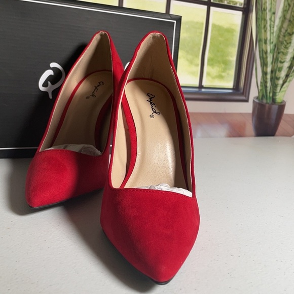 Qupid Red Suede Heels - Picture 2 of 7
